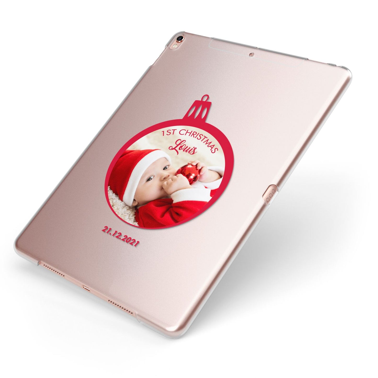 First Christmas Personalised Photo Apple iPad Case on Rose Gold iPad Side View