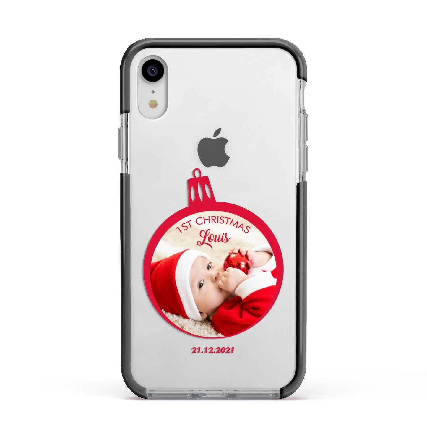 First Christmas Personalised Photo Apple iPhone XR Impact Case Black Edge on Silver Phone