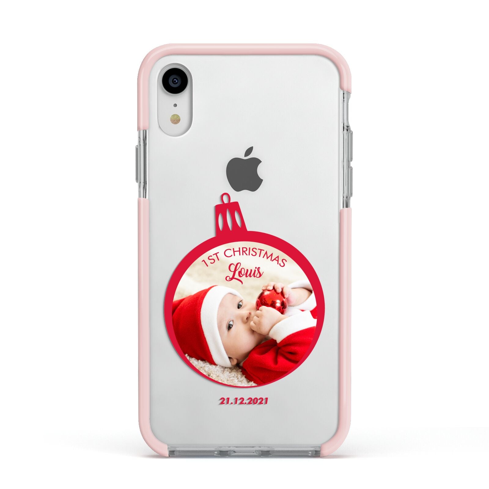 First Christmas Personalised Photo Apple iPhone XR Impact Case Pink Edge on Silver Phone