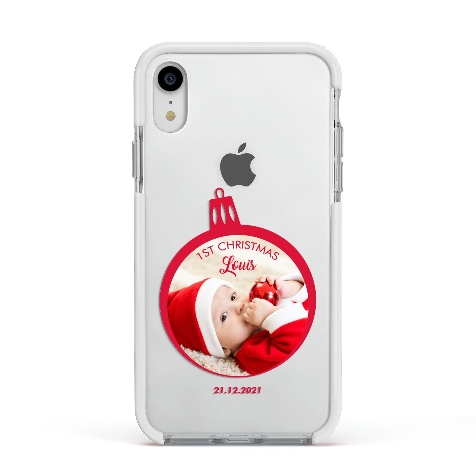 First Christmas Personalised Photo Apple iPhone XR Impact Case White Edge on Silver Phone