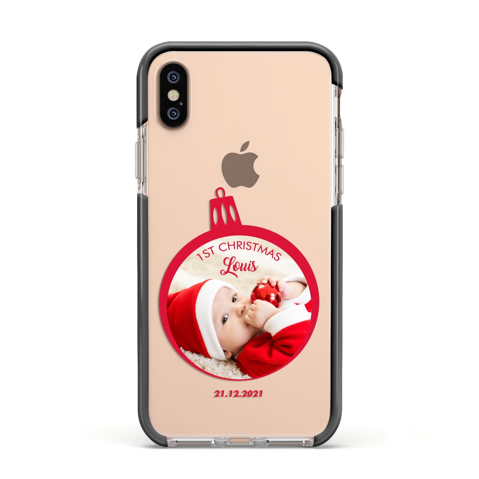 First Christmas Personalised Photo Apple iPhone Xs Impact Case Black Edge on Gold Phone