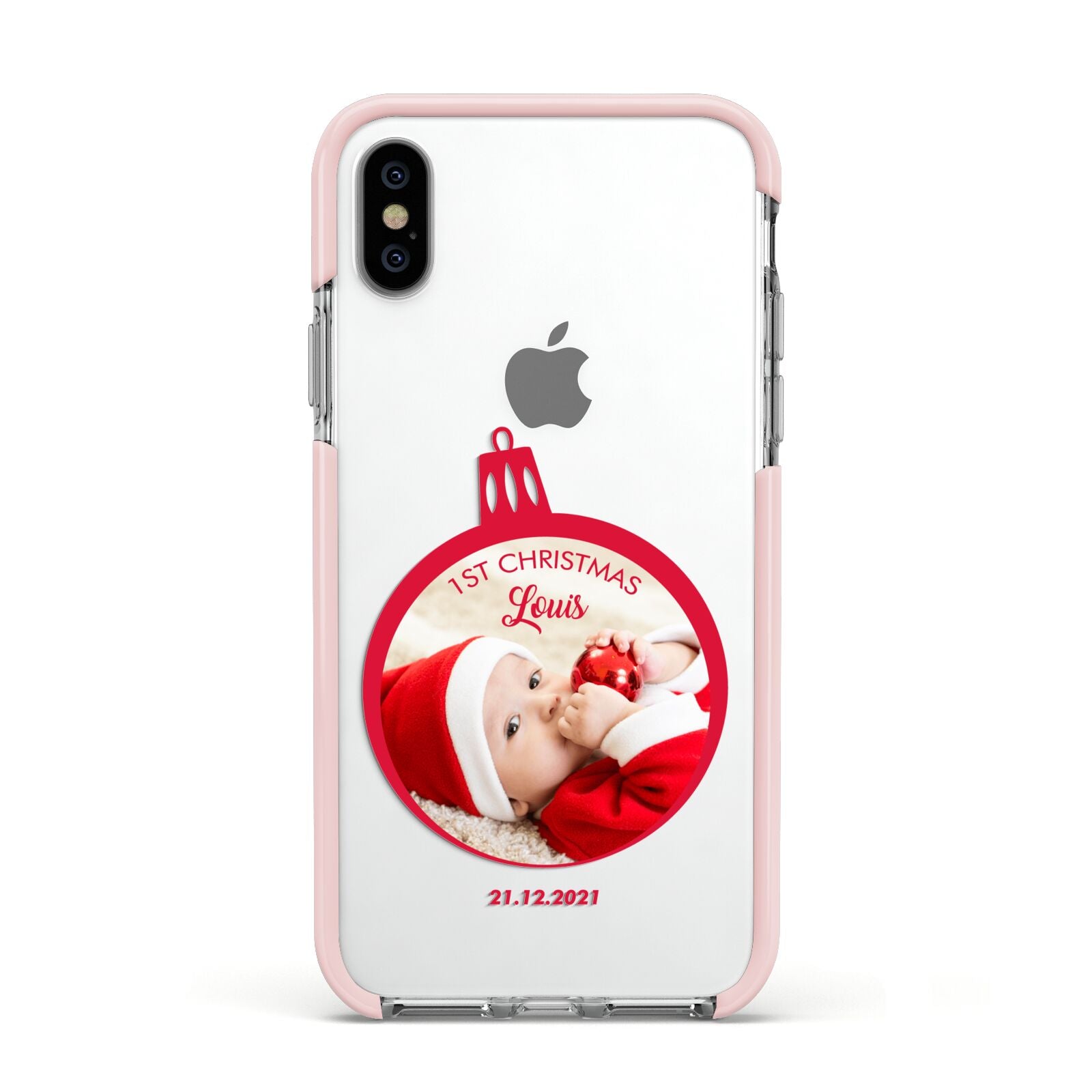 First Christmas Personalised Photo Apple iPhone Xs Impact Case Pink Edge on Silver Phone