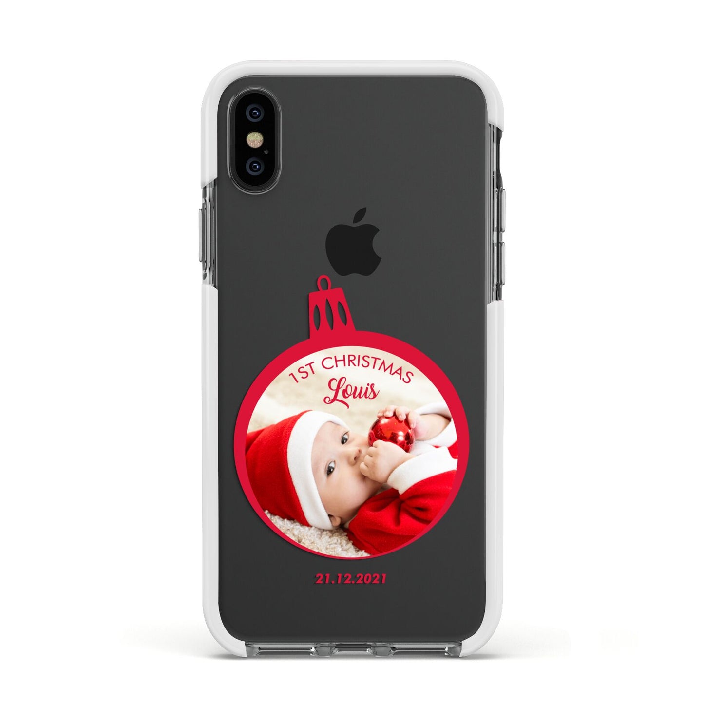 First Christmas Personalised Photo Apple iPhone Xs Impact Case White Edge on Black Phone