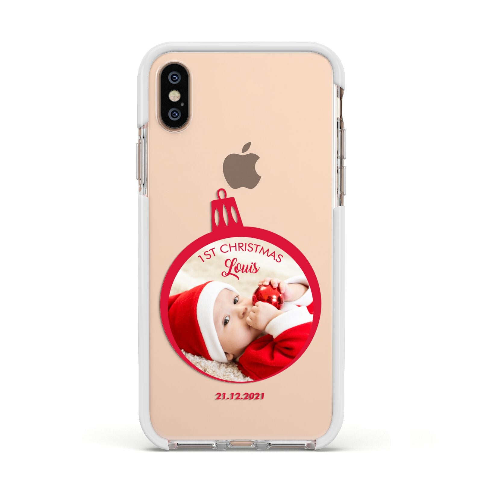 First Christmas Personalised Photo Apple iPhone Xs Impact Case White Edge on Gold Phone