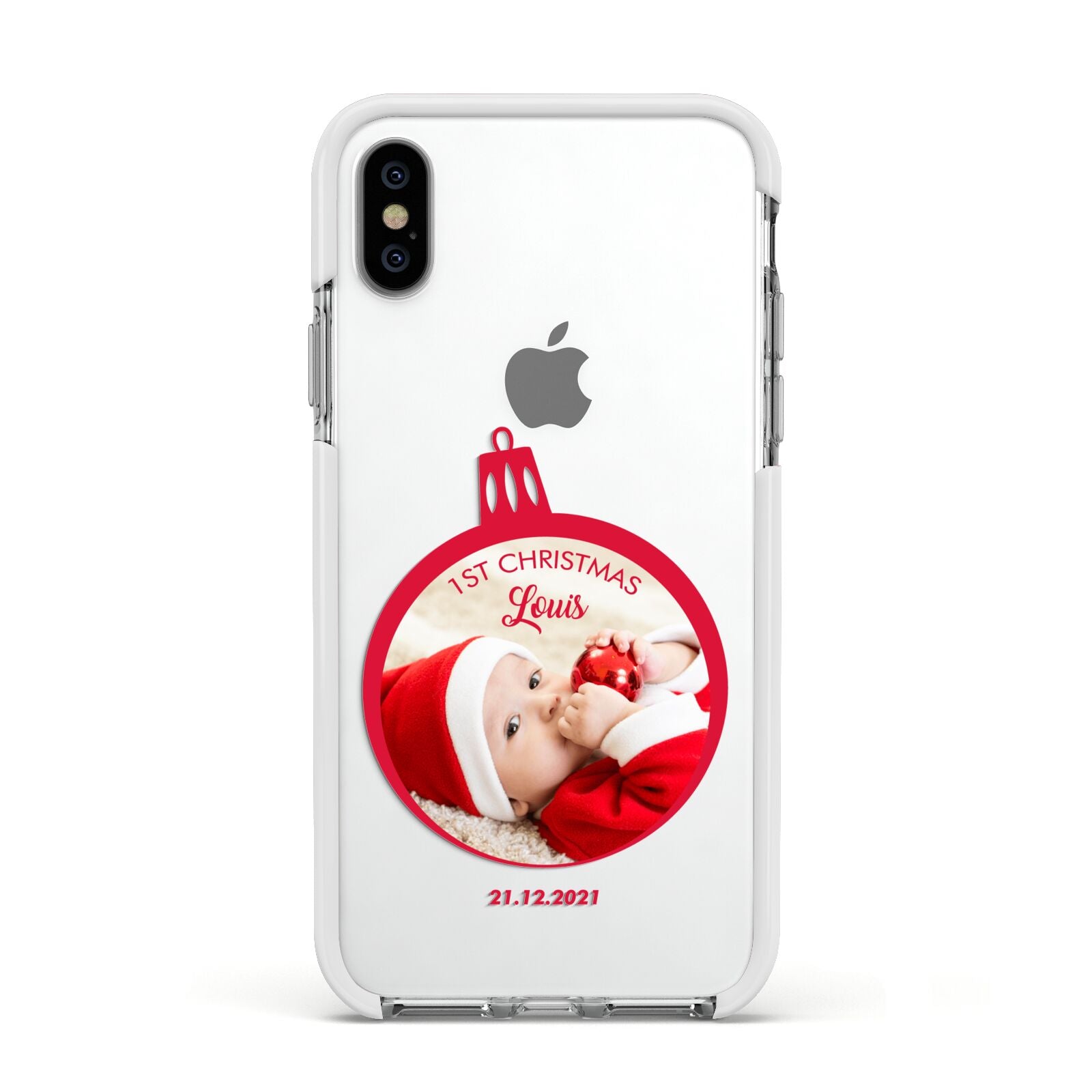 First Christmas Personalised Photo Apple iPhone Xs Impact Case White Edge on Silver Phone