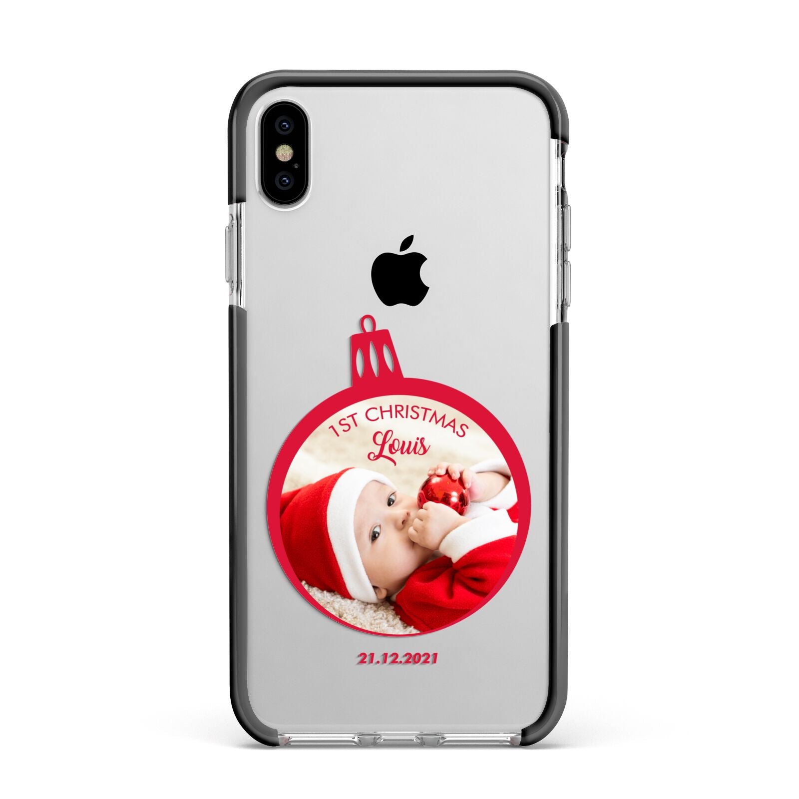 First Christmas Personalised Photo Apple iPhone Xs Max Impact Case Black Edge on Silver Phone