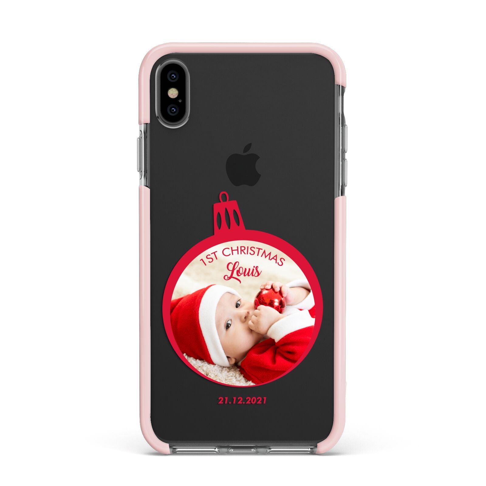 First Christmas Personalised Photo Apple iPhone Xs Max Impact Case Pink Edge on Black Phone