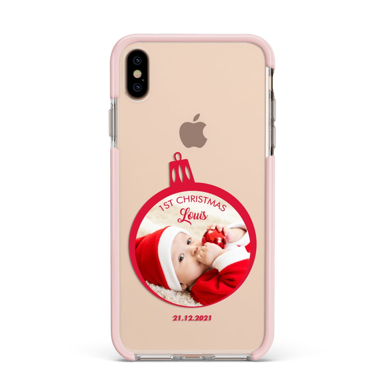 First Christmas Personalised Photo Apple iPhone Xs Max Impact Case Pink Edge on Gold Phone