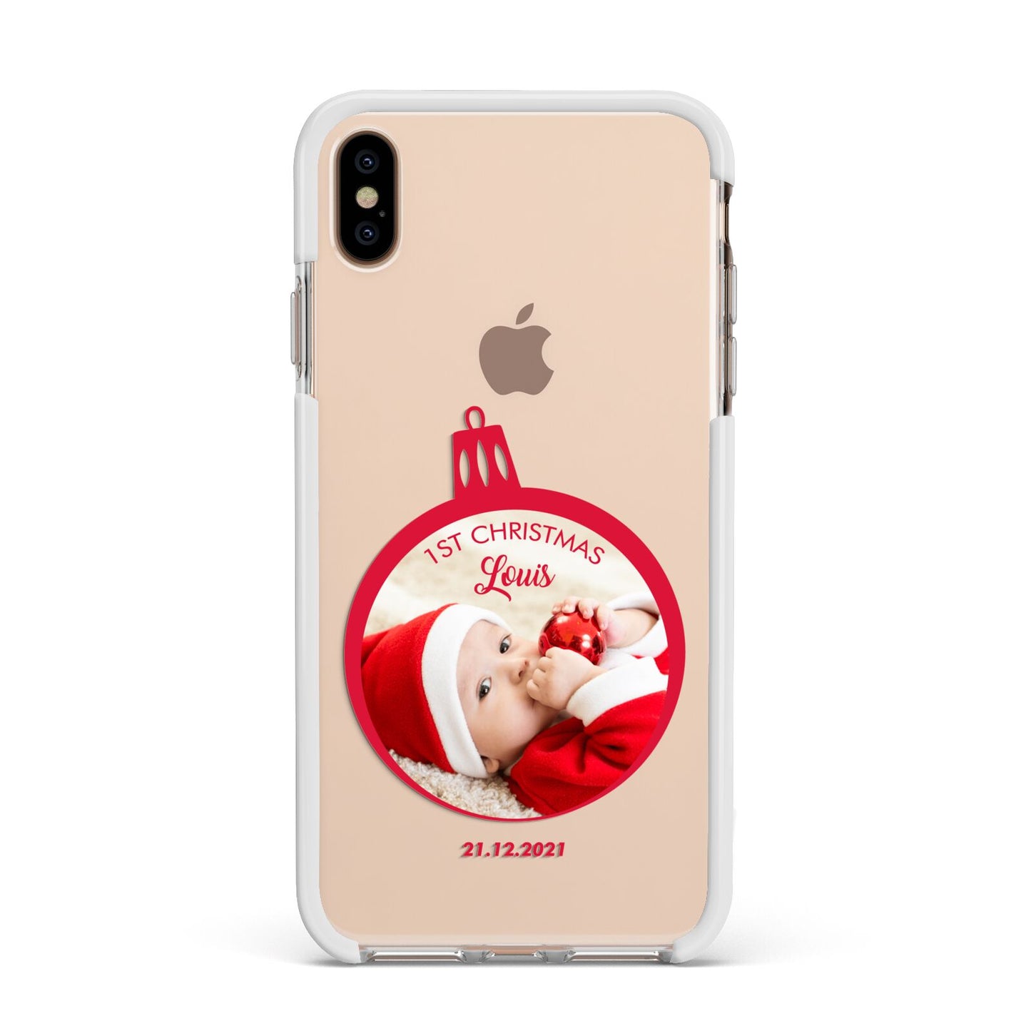 First Christmas Personalised Photo Apple iPhone Xs Max Impact Case White Edge on Gold Phone