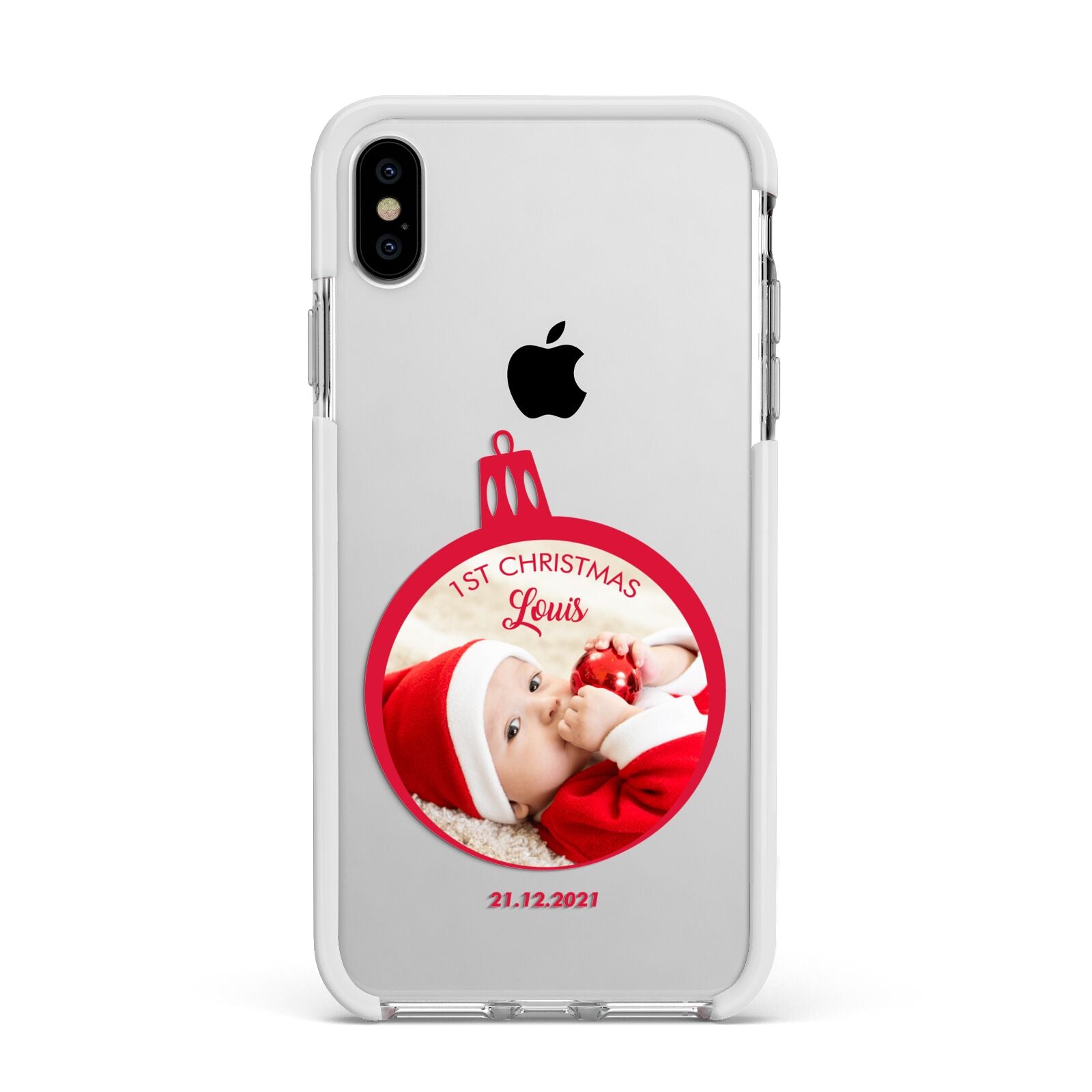 First Christmas Personalised Photo Apple iPhone Xs Max Impact Case White Edge on Silver Phone