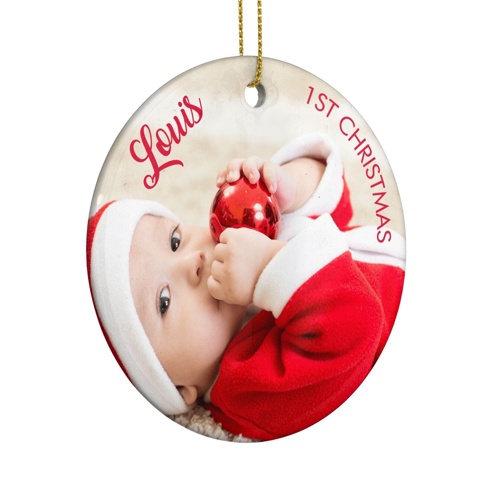First Christmas Personalised Photo Circle Decoration Side Angle