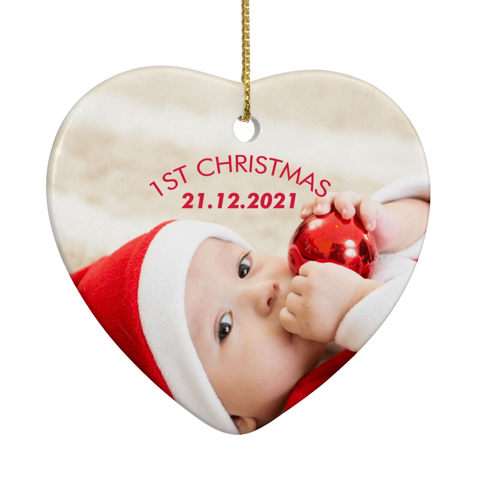 First Christmas Personalised Photo Heart Decoration Back Image