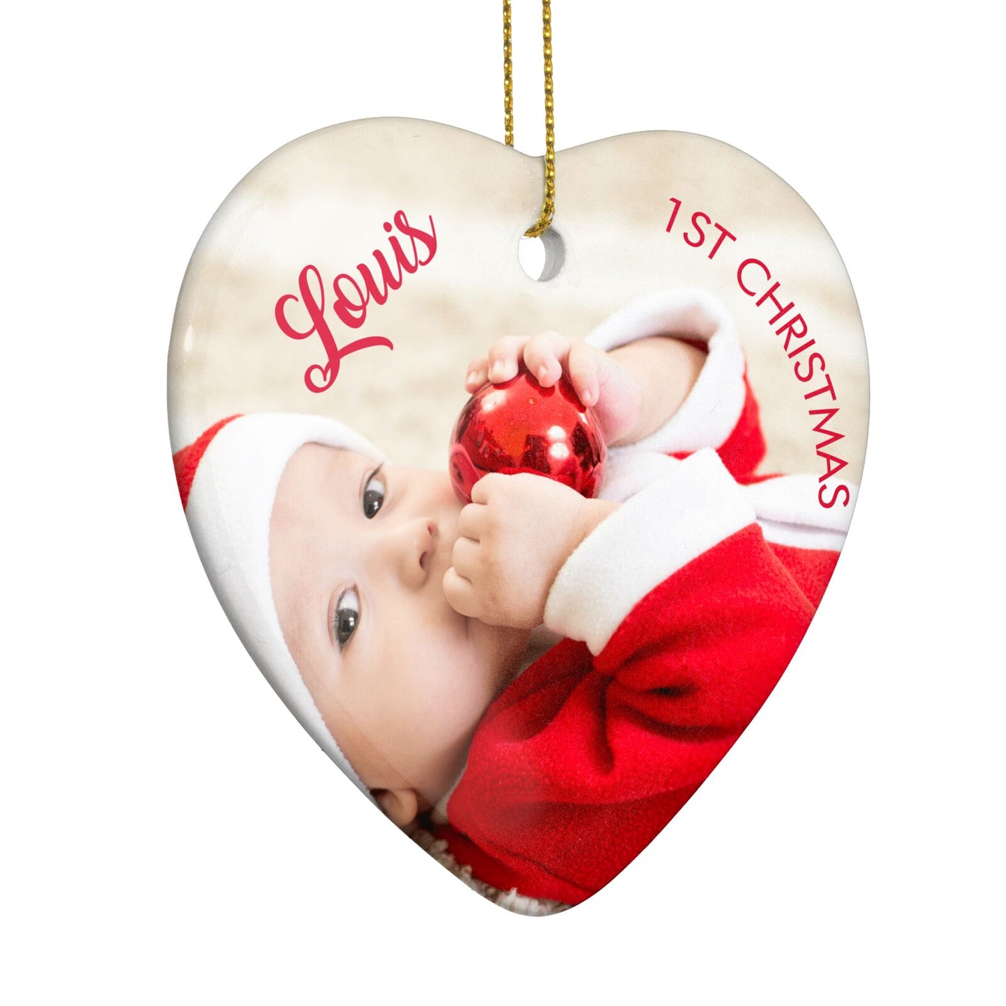 First Christmas Personalised Photo Heart Decoration Side Angle