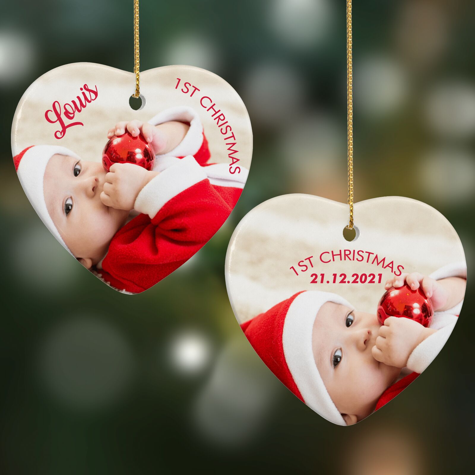 First Christmas Personalised Photo Heart Decoration on Christmas Background