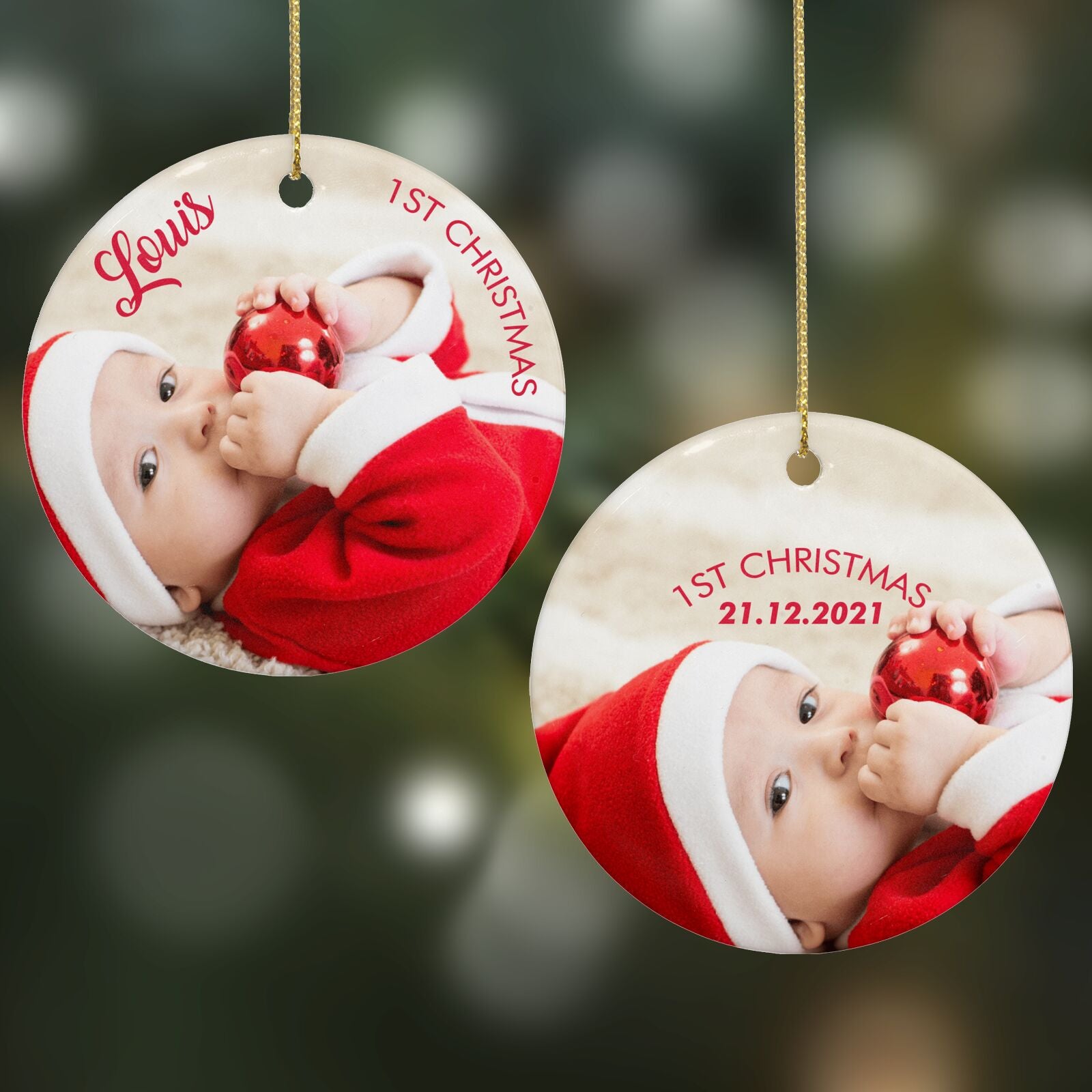 First Christmas Personalised Photo Round Decoration on Christmas Background