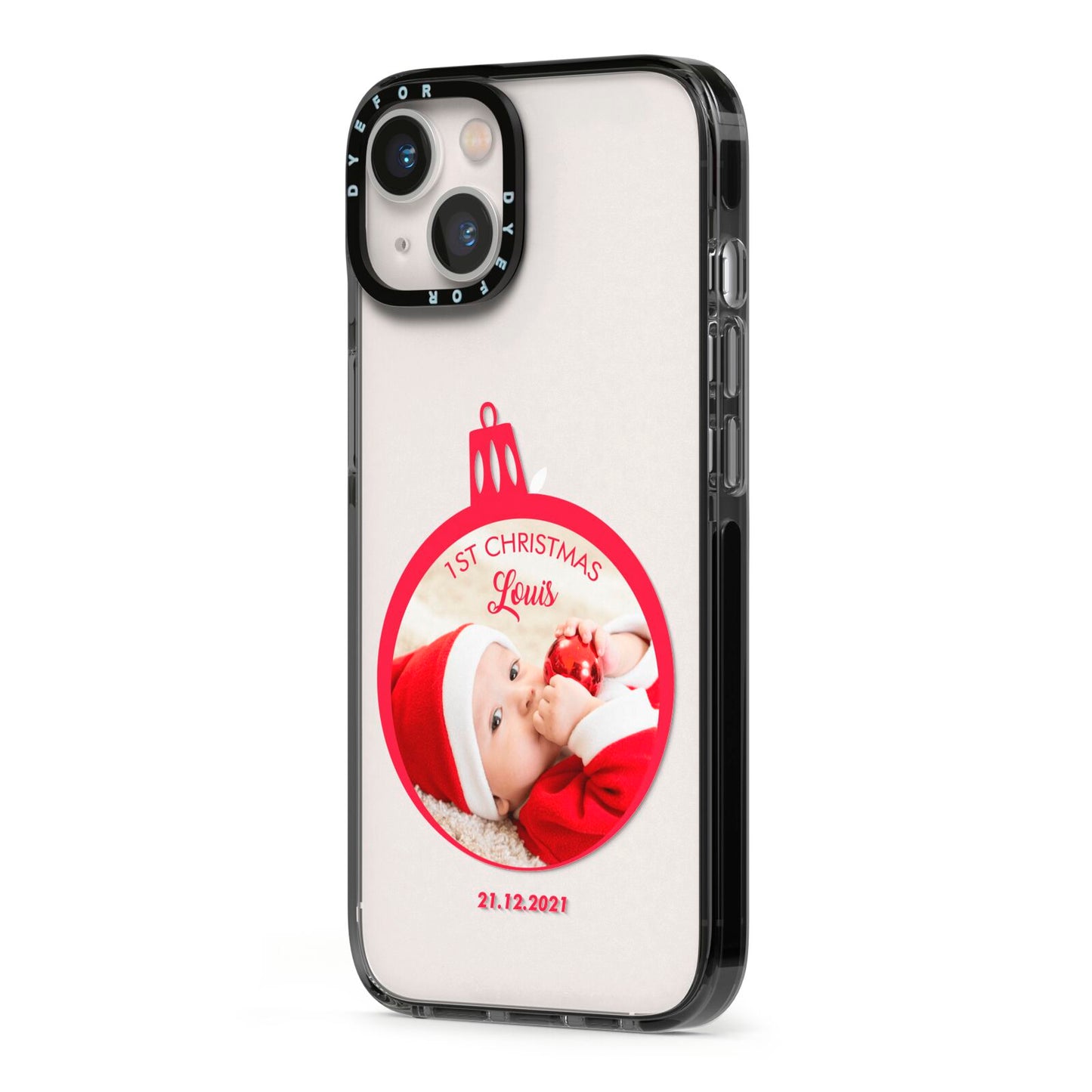 First Christmas Personalised Photo iPhone 13 Black Impact Case Side Angle on Silver phone