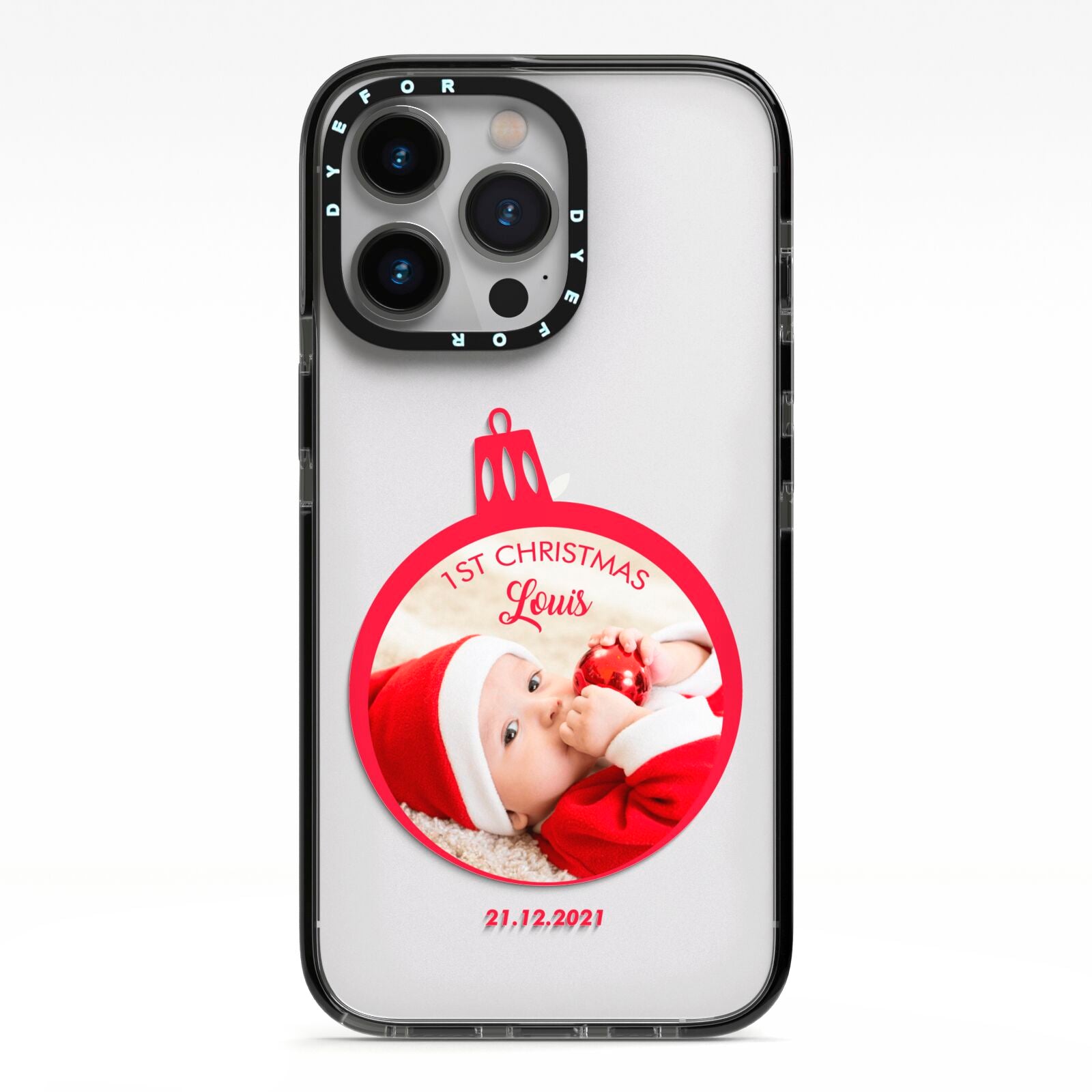 First Christmas Personalised Photo iPhone 13 Pro Black Impact Case on Silver phone
