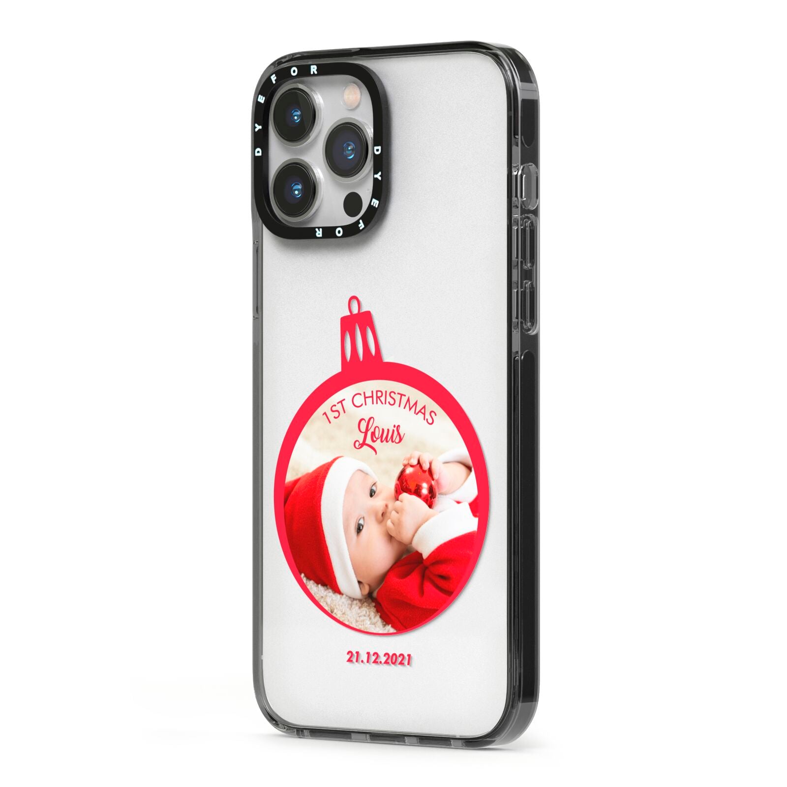 First Christmas Personalised Photo iPhone 13 Pro Max Black Impact Case Side Angle on Silver phone