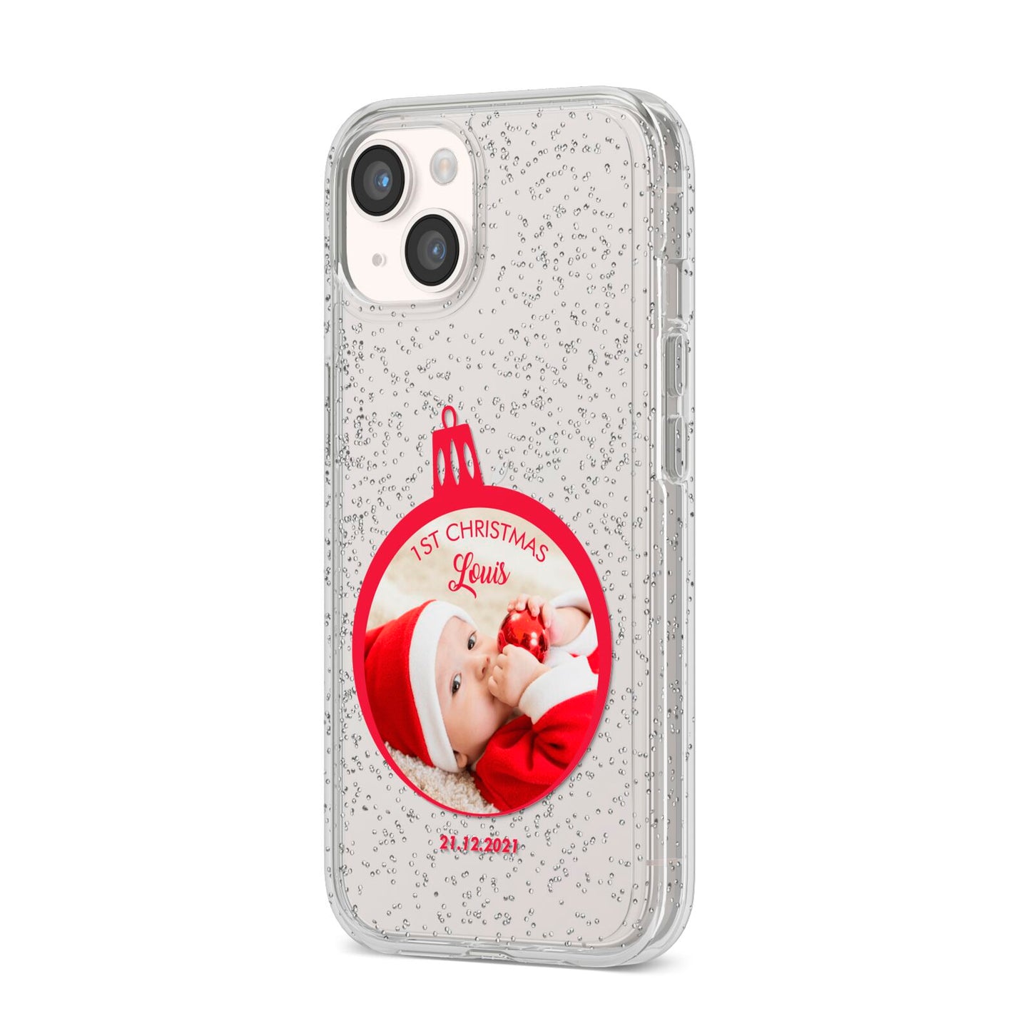 First Christmas Personalised Photo iPhone 14 Glitter Tough Case Starlight Angled Image