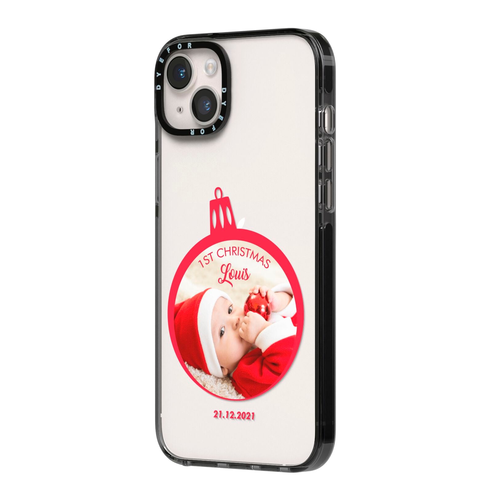 First Christmas Personalised Photo iPhone 14 Plus Black Impact Case Side Angle on Silver phone