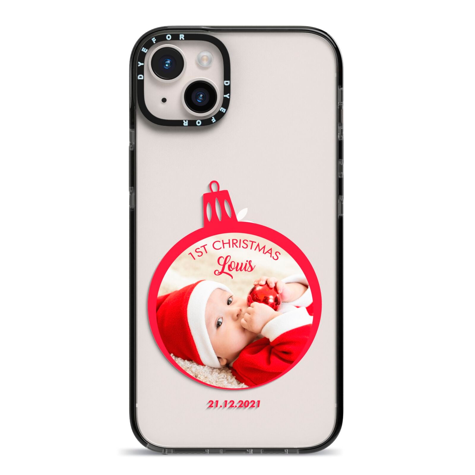 First Christmas Personalised Photo iPhone 14 Plus Black Impact Case on Silver phone