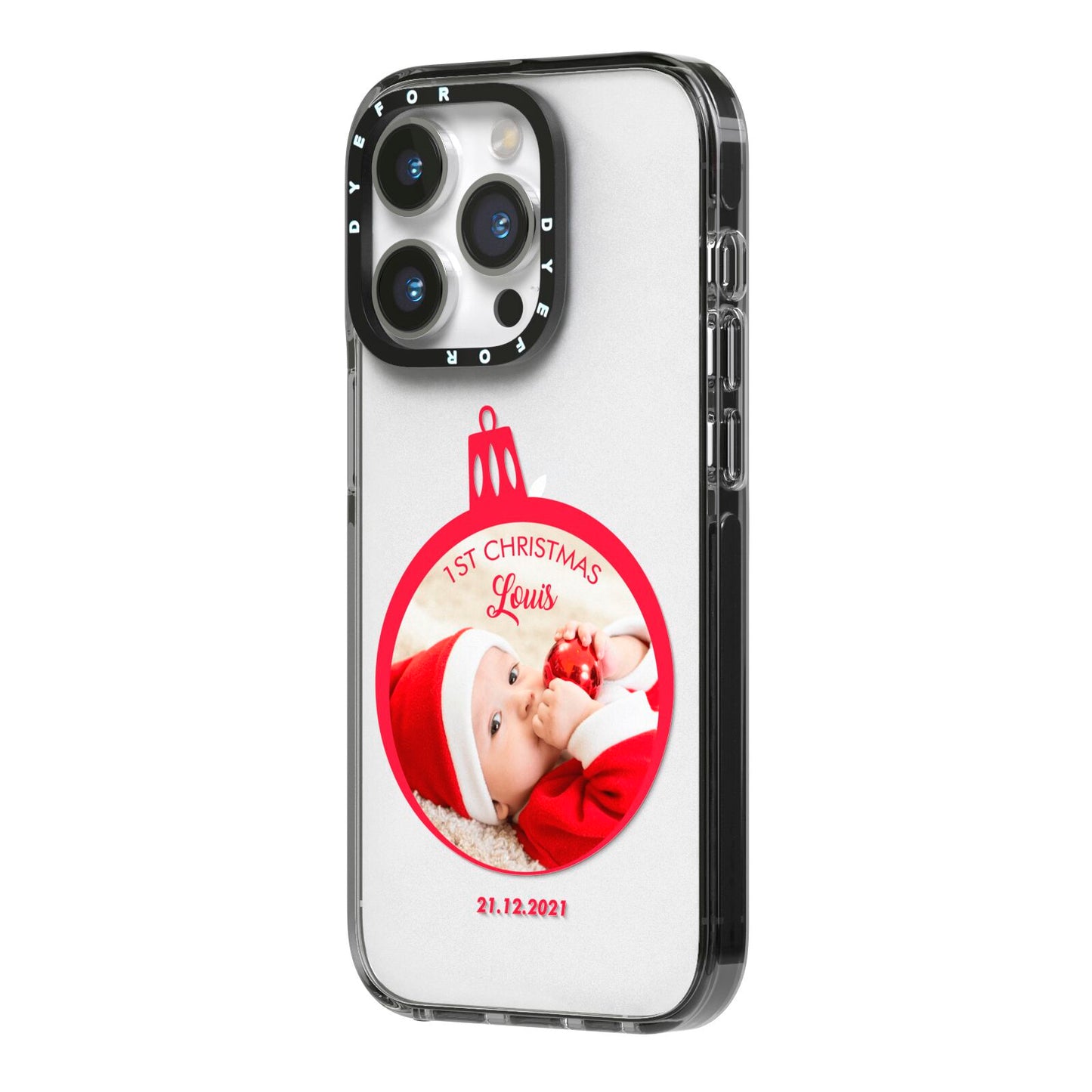 First Christmas Personalised Photo iPhone 14 Pro Black Impact Case Side Angle on Silver phone