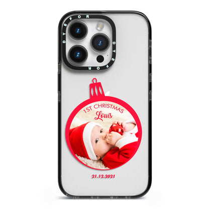 First Christmas Personalised Photo iPhone 14 Pro Black Impact Case on Silver phone