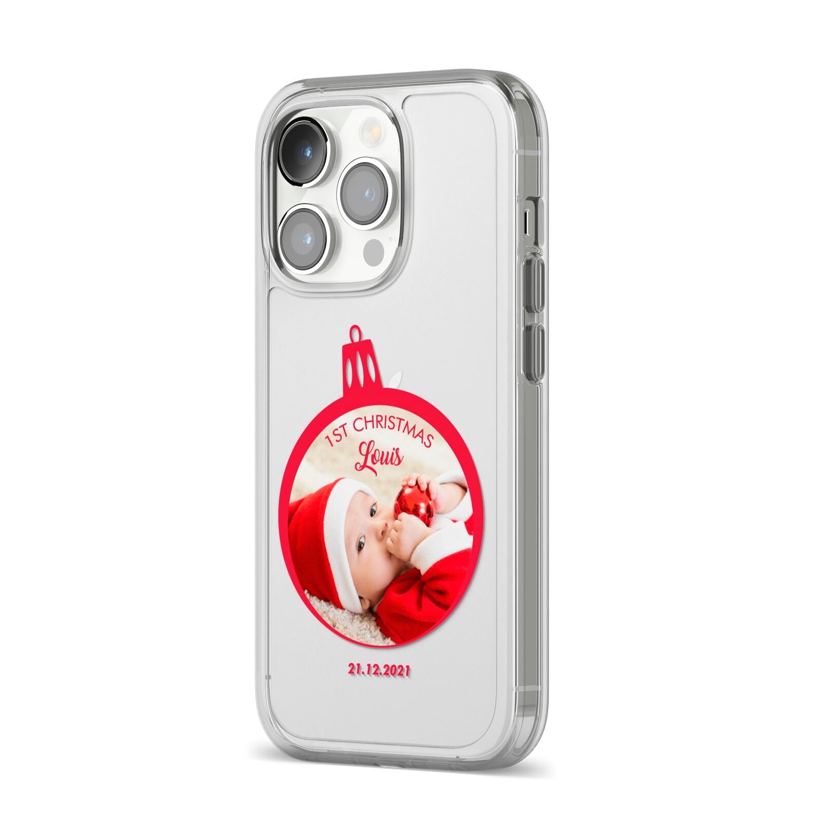 First Christmas Personalised Photo iPhone 14 Pro Clear Tough Case Silver Angled Image