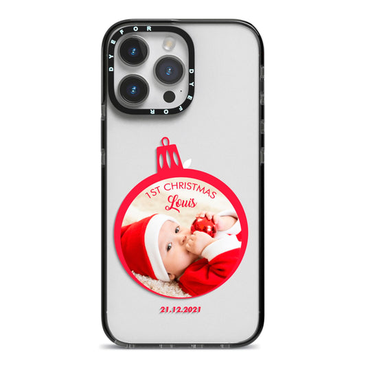 First Christmas Personalised Photo iPhone 14 Pro Max Black Impact Case on Silver phone