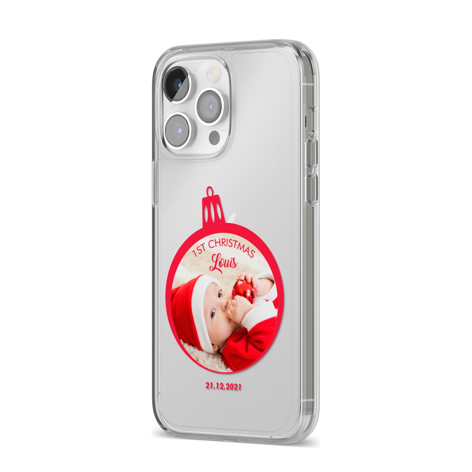 First Christmas Personalised Photo iPhone 14 Pro Max Clear Tough Case Silver Angled Image