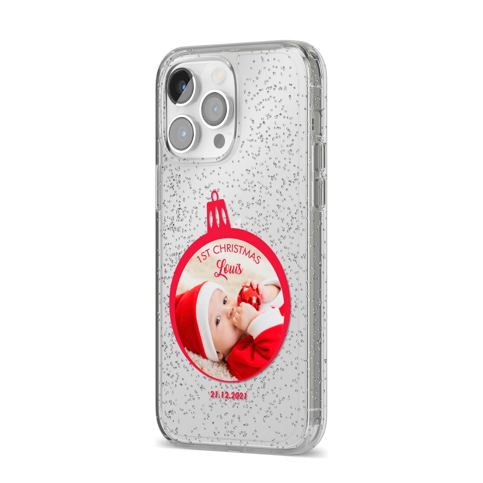 First Christmas Personalised Photo iPhone 14 Pro Max Glitter Tough Case Silver Angled Image