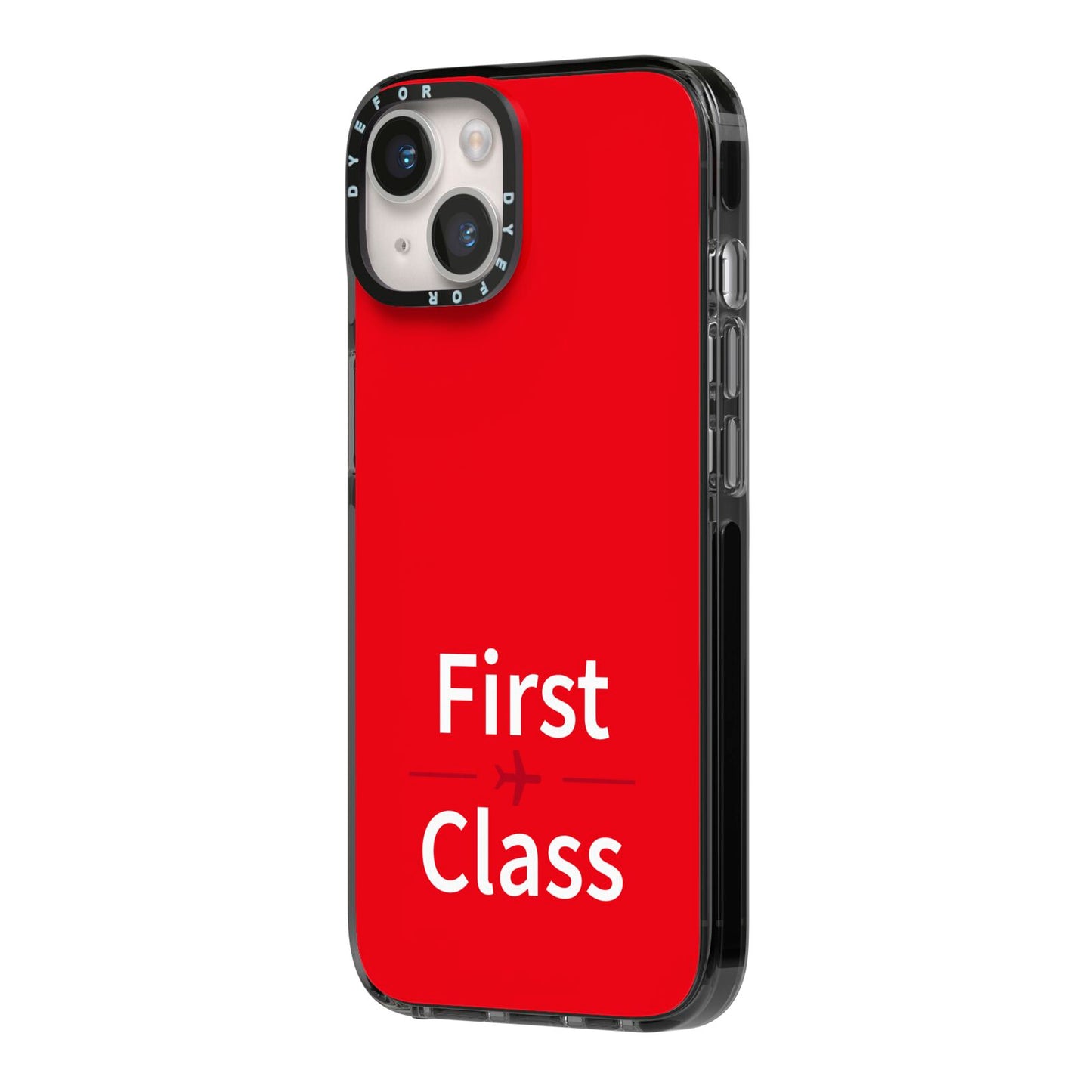 First Class iPhone 14 Black Impact Case Side Angle on Silver phone
