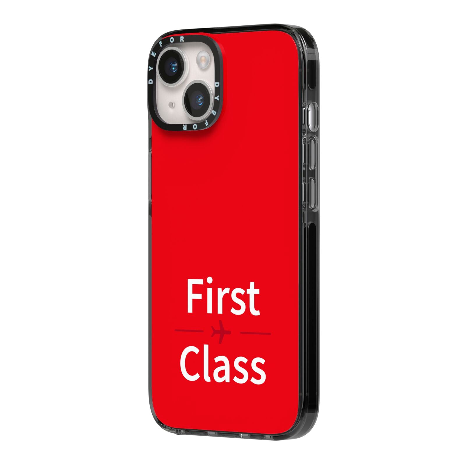 First Class iPhone 14 Black Impact Case Side Angle on Silver phone