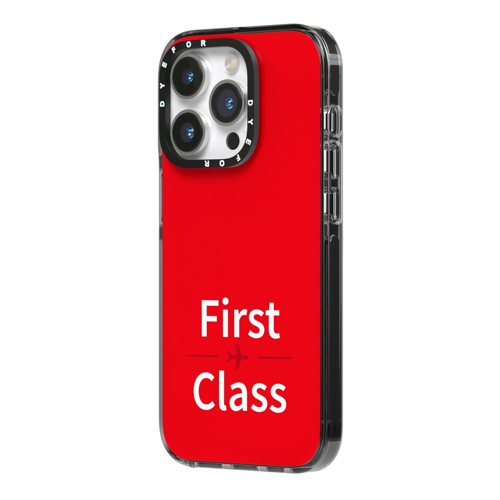 First Class iPhone 14 Pro Black Impact Case Side Angle on Silver phone