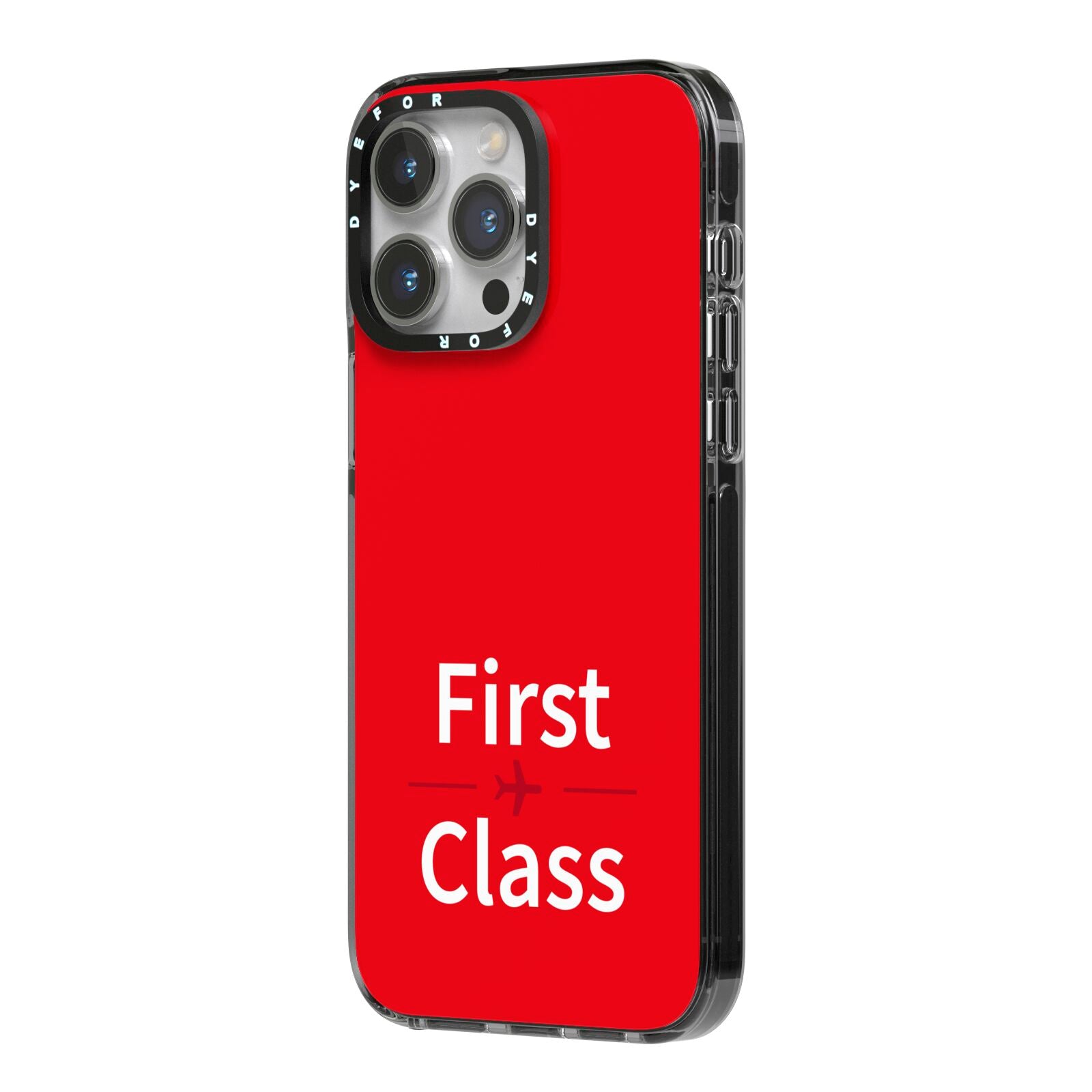 First Class iPhone 14 Pro Max Black Impact Case Side Angle on Silver phone