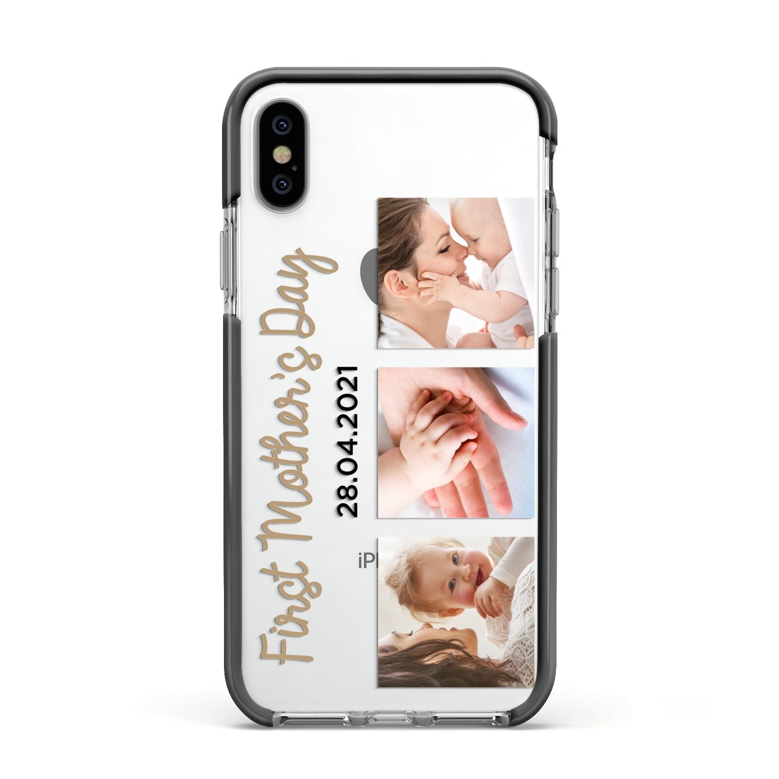 First Mothers Day Photo Apple iPhone Xs Impact Case Black Edge on Silver Phone
