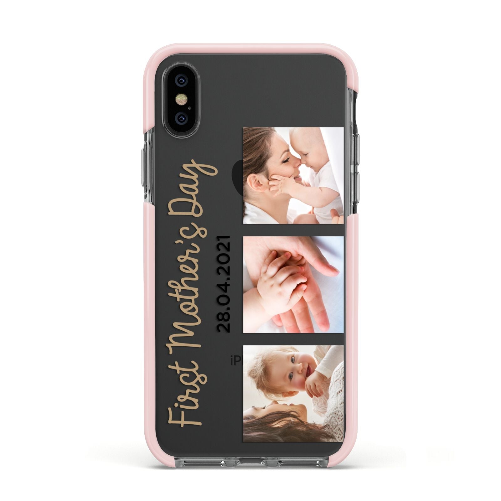 First Mothers Day Photo Apple iPhone Xs Impact Case Pink Edge on Black Phone