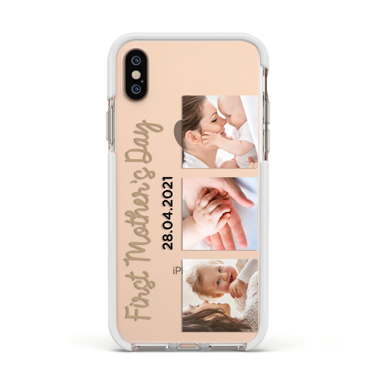 First Mothers Day Photo Apple iPhone Xs Impact Case White Edge on Gold Phone