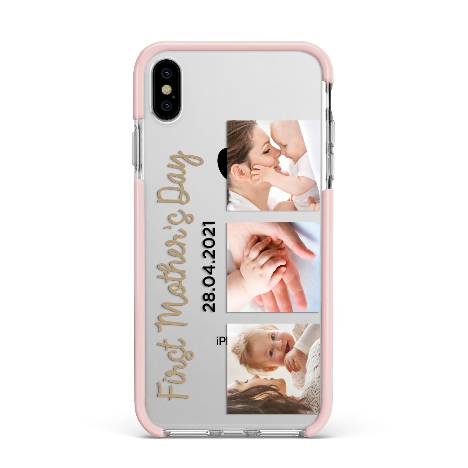 First Mothers Day Photo Apple iPhone Xs Max Impact Case Pink Edge on Silver Phone