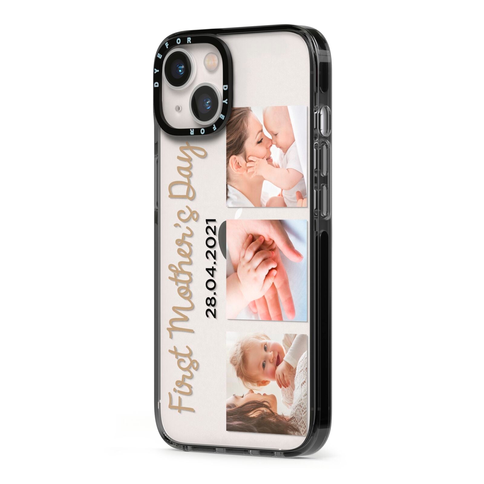 First Mothers Day Photo iPhone 13 Black Impact Case Side Angle on Silver phone