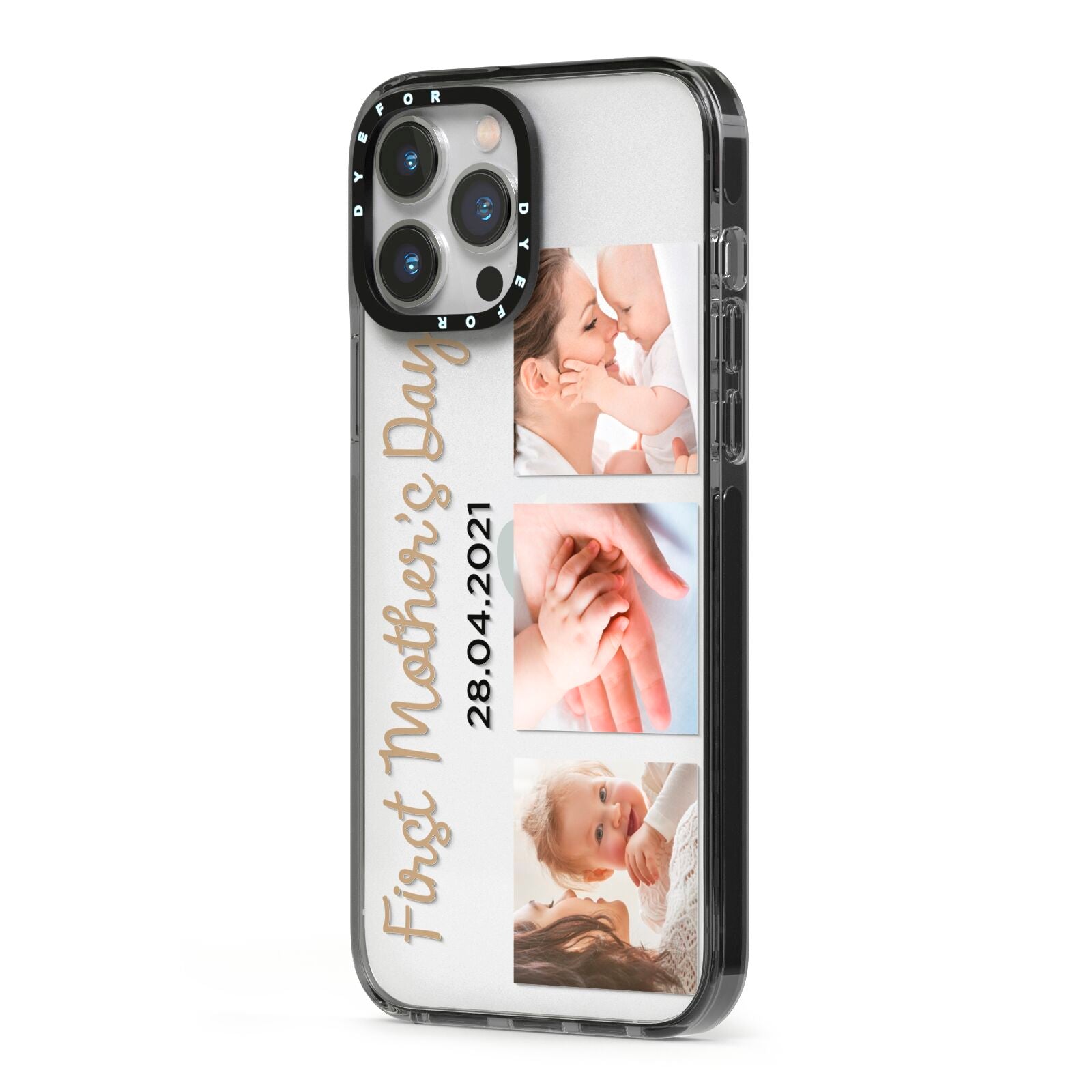 First Mothers Day Photo iPhone 13 Pro Max Black Impact Case Side Angle on Silver phone