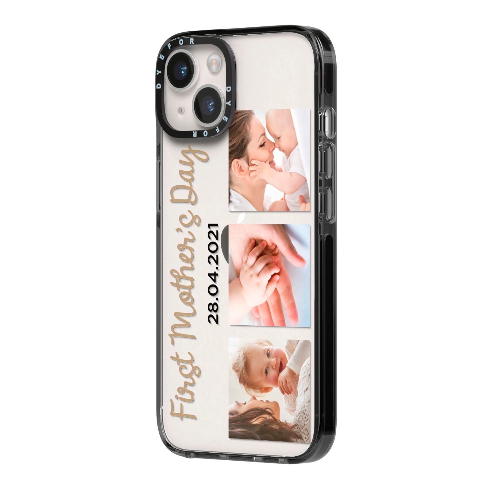 First Mothers Day Photo iPhone 14 Black Impact Case Side Angle on Silver phone
