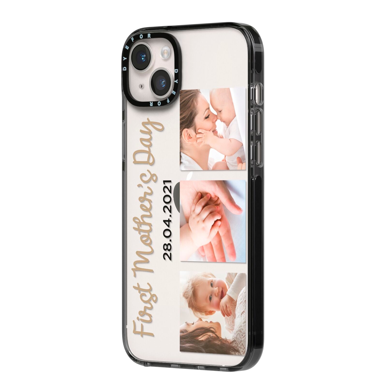 First Mothers Day Photo iPhone 14 Plus Black Impact Case Side Angle on Silver phone