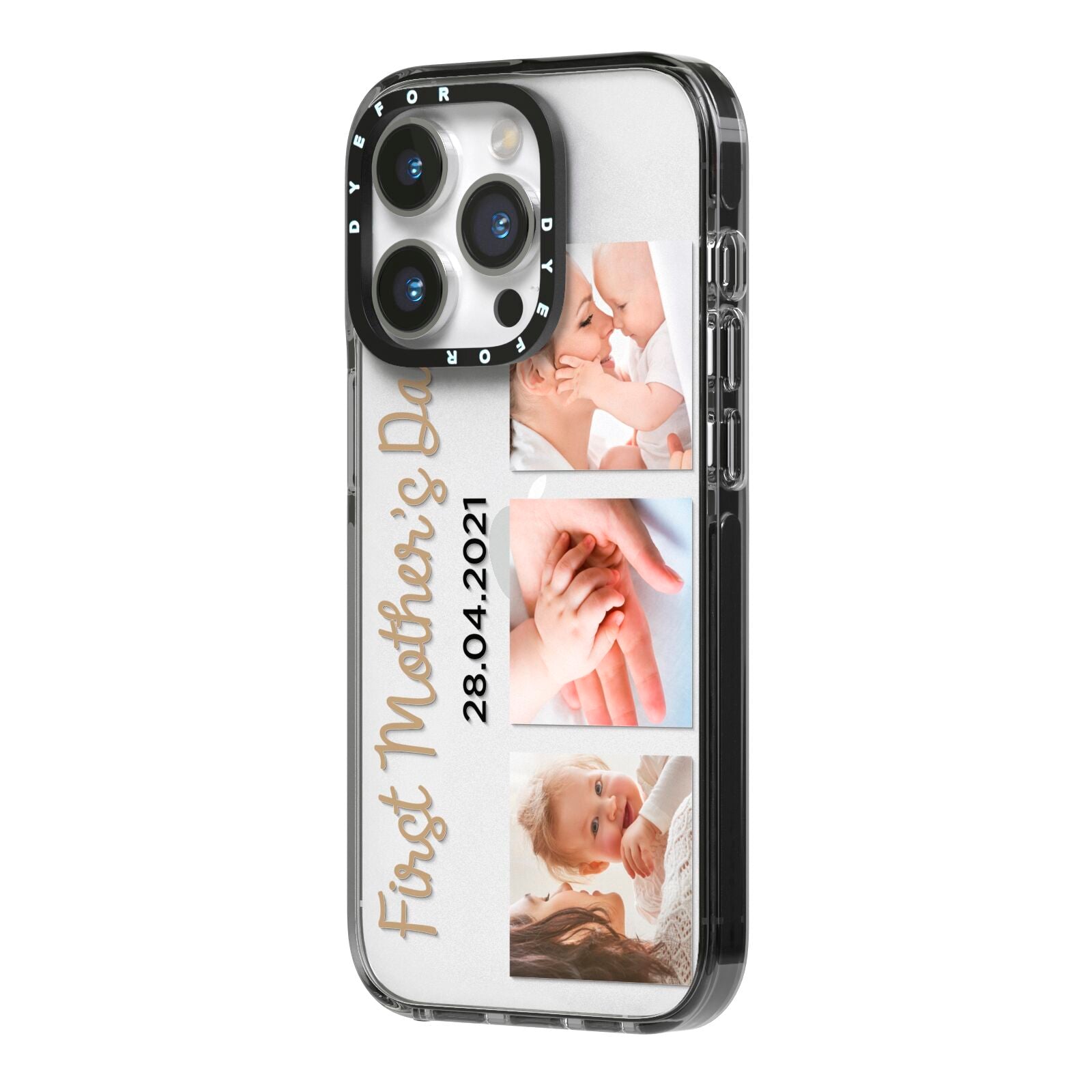 First Mothers Day Photo iPhone 14 Pro Black Impact Case Side Angle on Silver phone