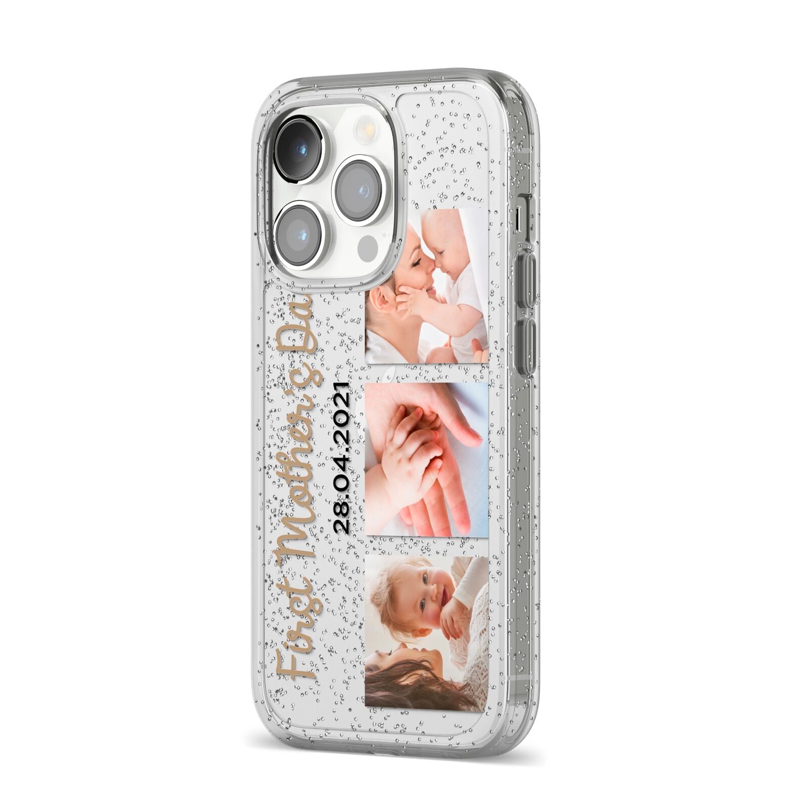 First Mothers Day Photo iPhone 14 Pro Glitter Tough Case Silver Angled Image