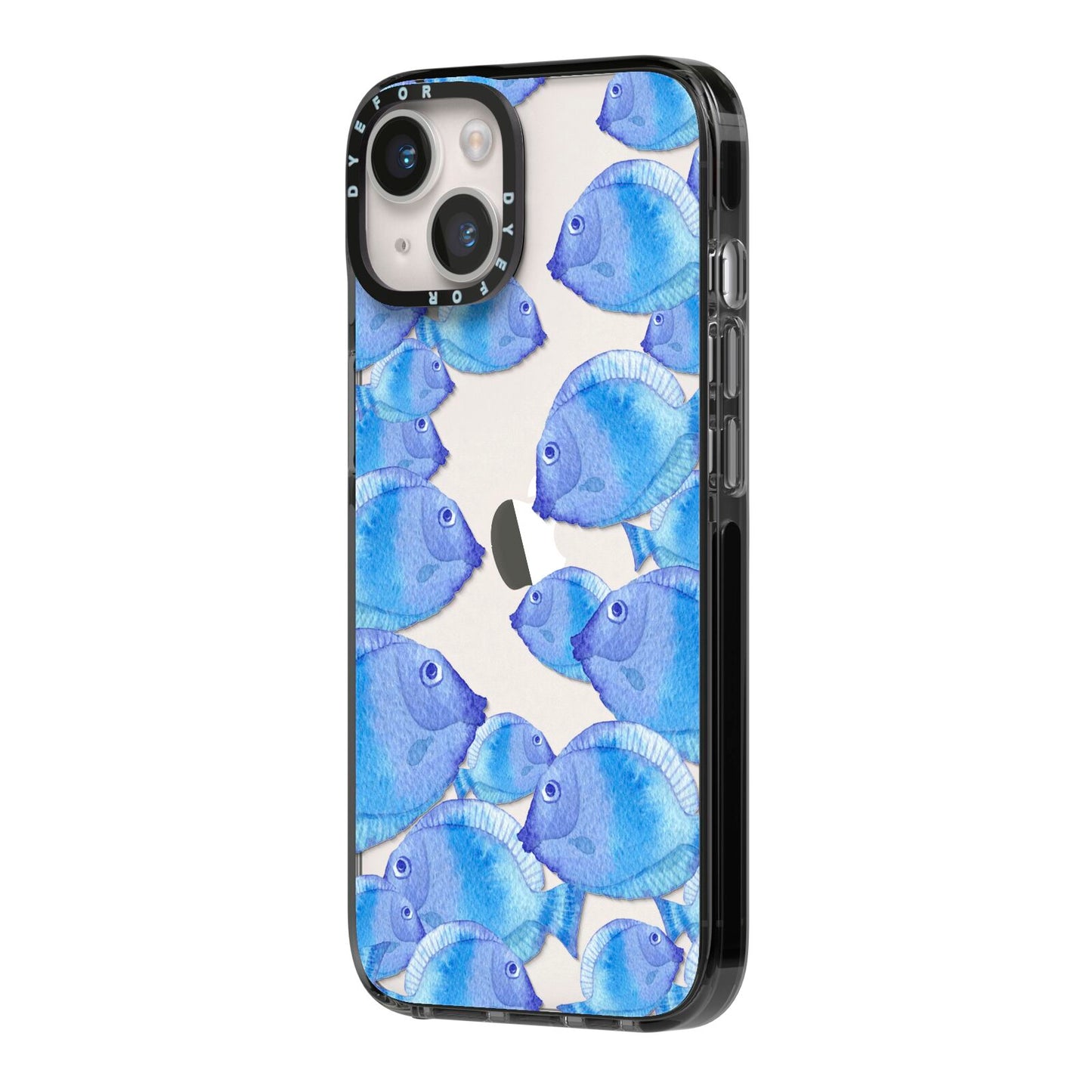 Fish iPhone 14 Black Impact Case Side Angle on Silver phone