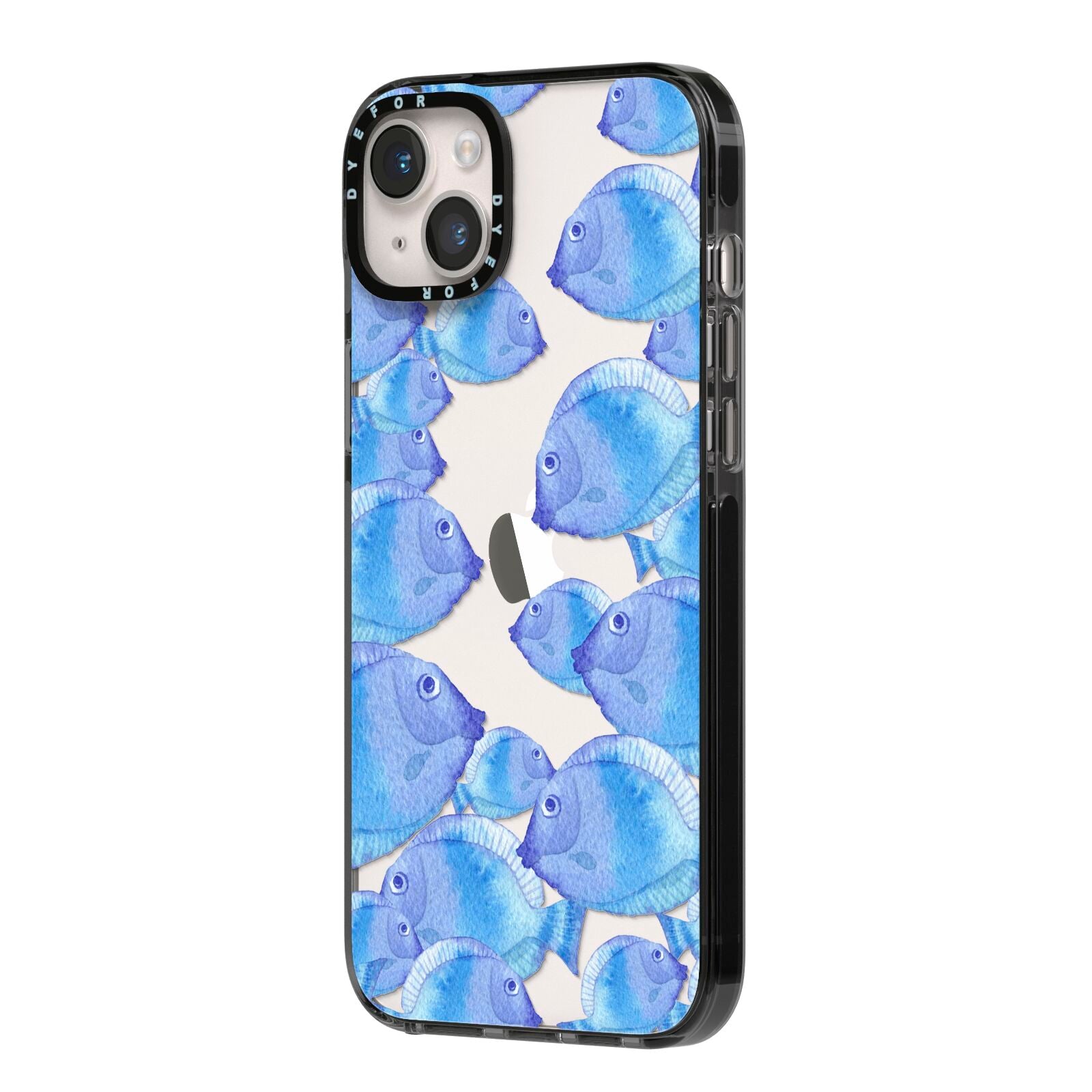 Fish iPhone 14 Plus Black Impact Case Side Angle on Silver phone