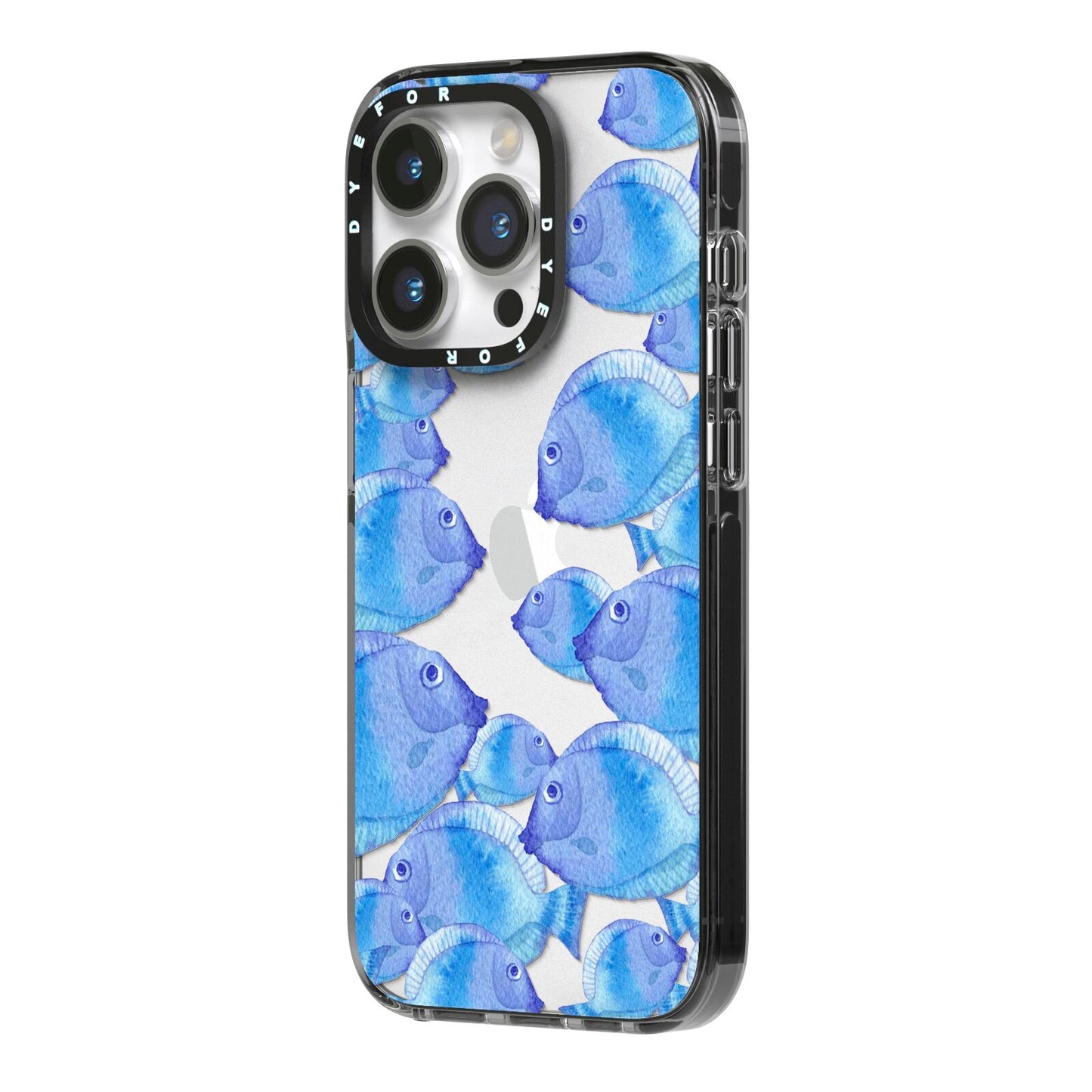 Fish iPhone 14 Pro Black Impact Case Side Angle on Silver phone