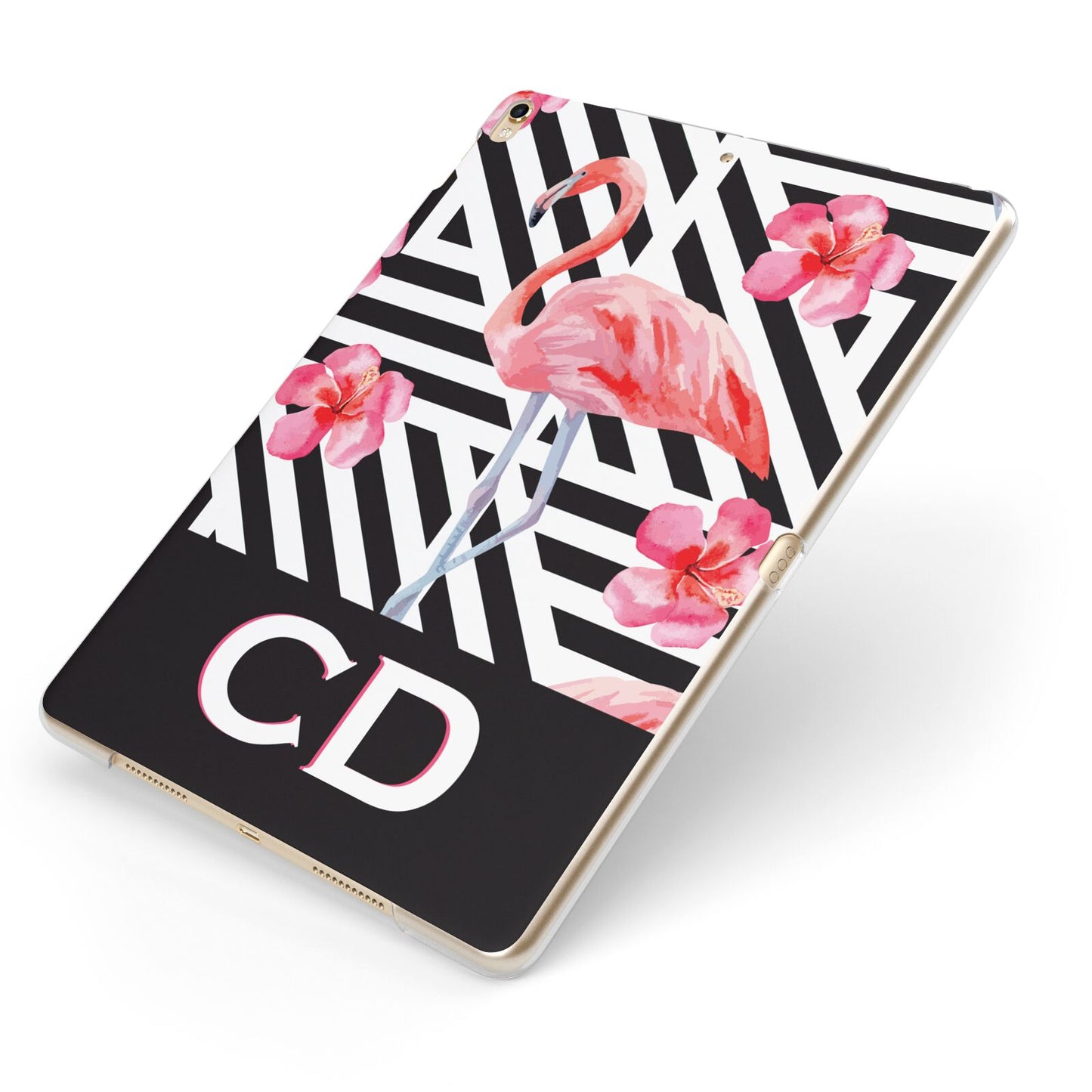 Flamingo Black Geometric Apple iPad Case on Gold iPad Side View