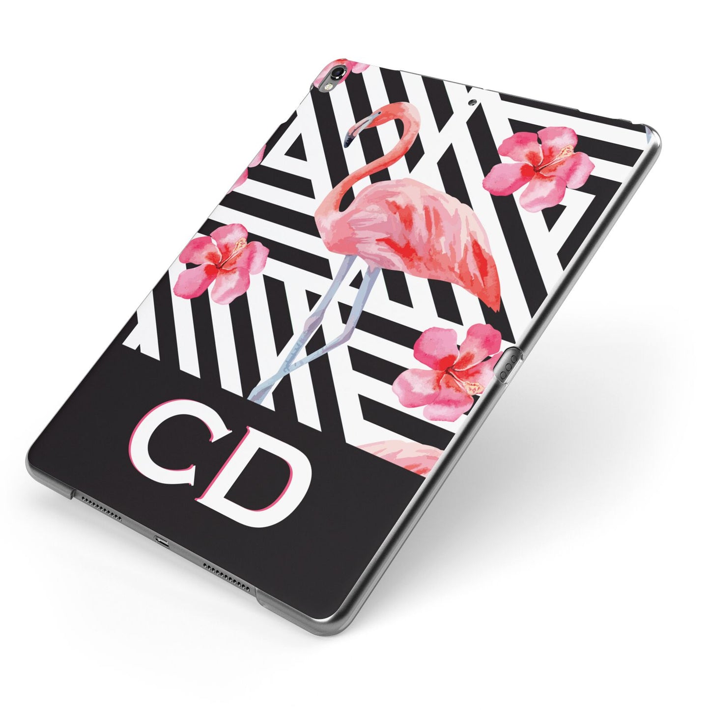 Flamingo Black Geometric Apple iPad Case on Grey iPad Side View